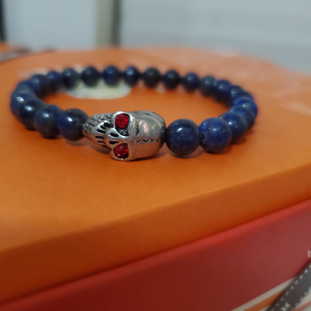 Blue Beaded Bracelet with Skull Charm